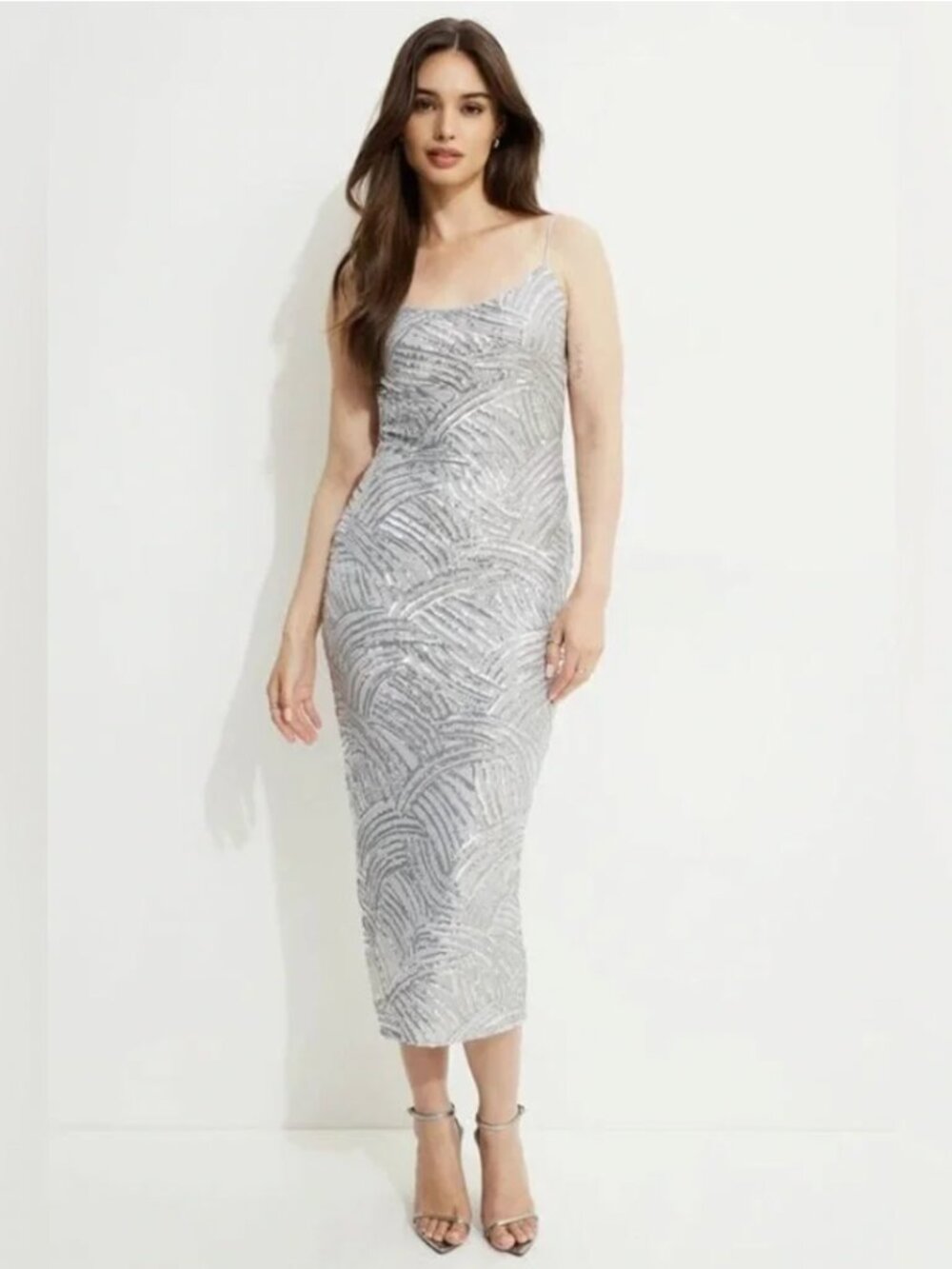 Silver Sequin Glitter Grey Dress from Dynamite with open back, Size Small
